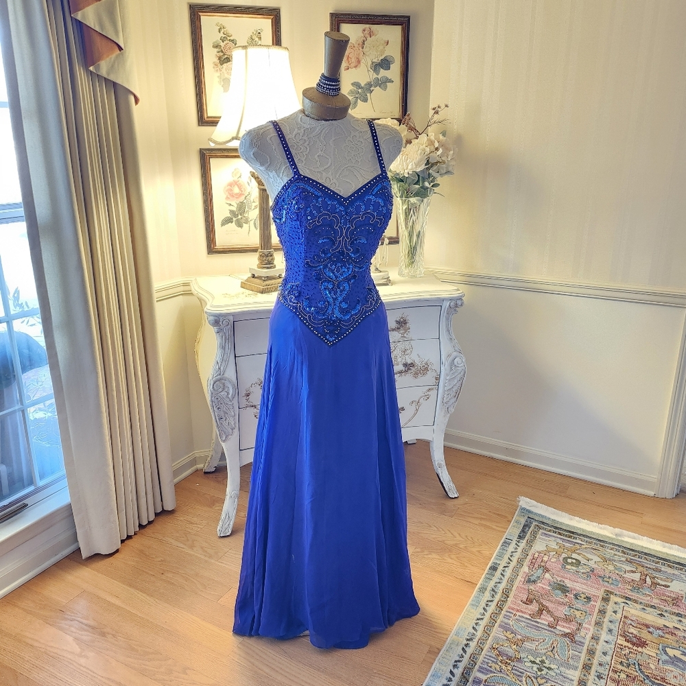 Vintage Alyce Royal Blue Silk Beaded Gown Dress M 10